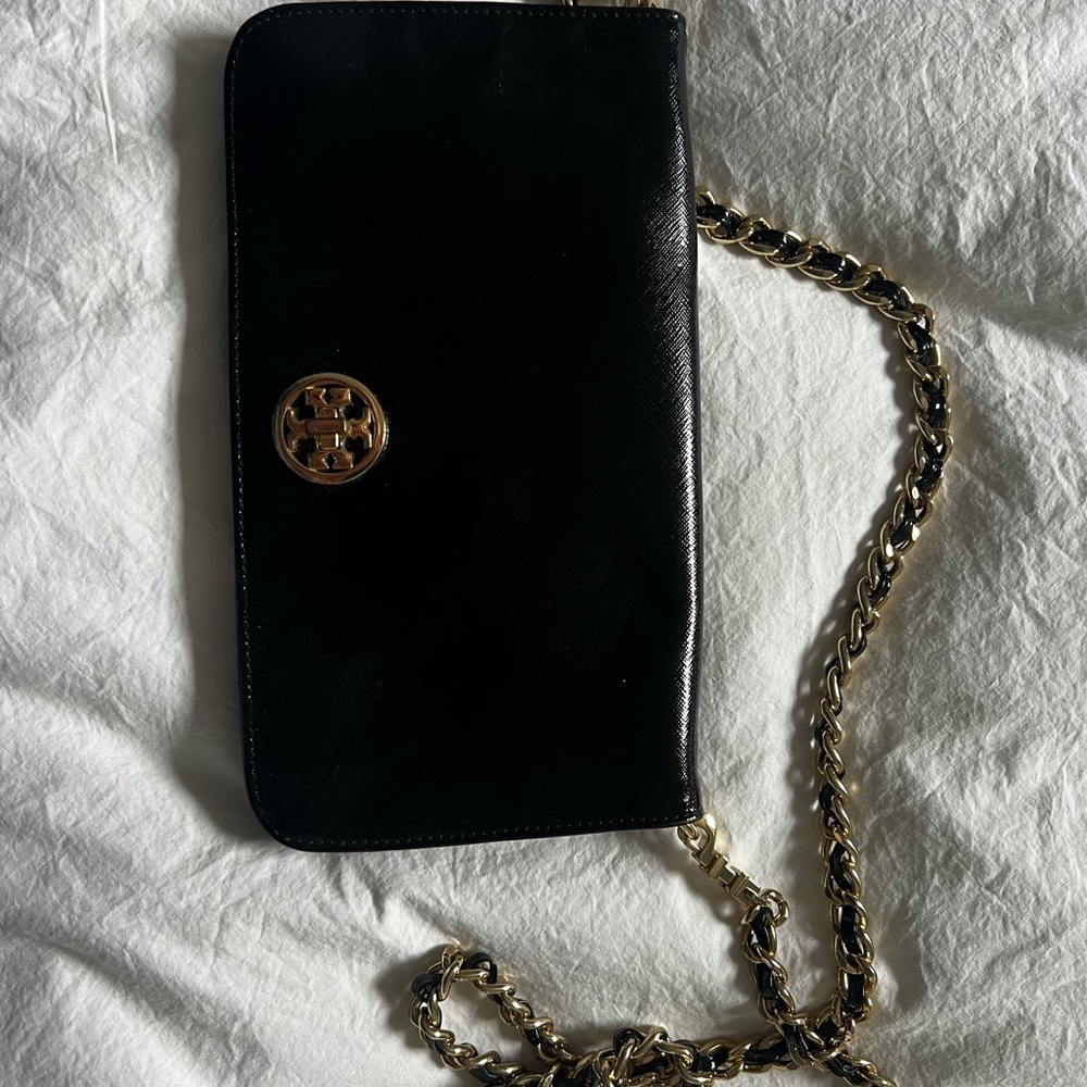 Tory Burch Black Leather Crossbody Bag with Gold Chain